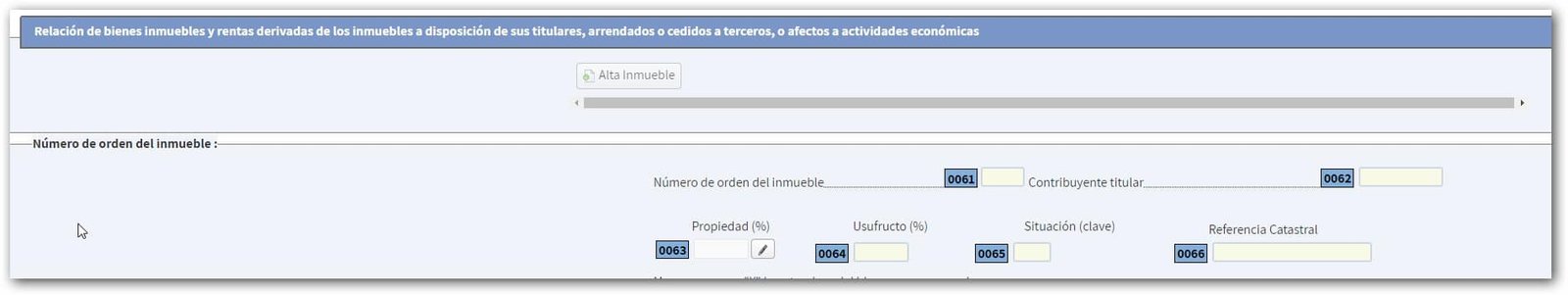pantalla para incluir el inmueble a declarar